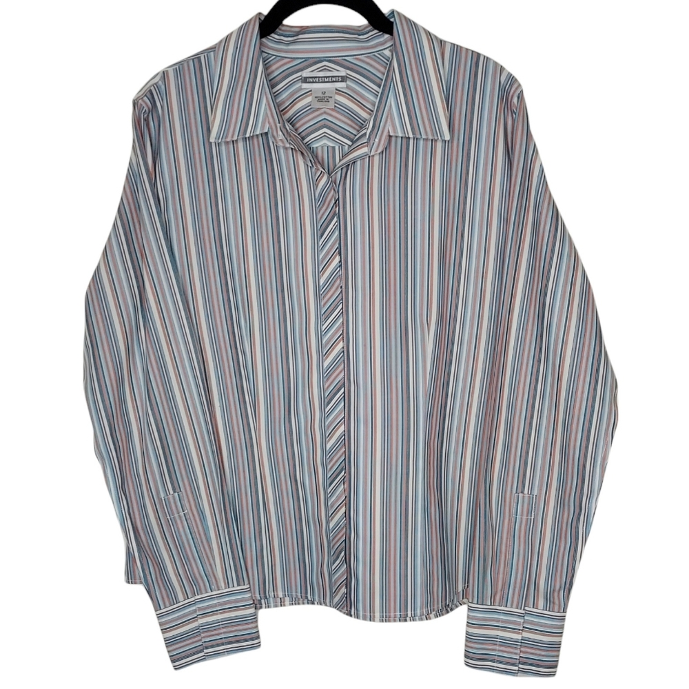 Investments Women 12 Corpcore Career Office Button Down Striped Blouse NWOT